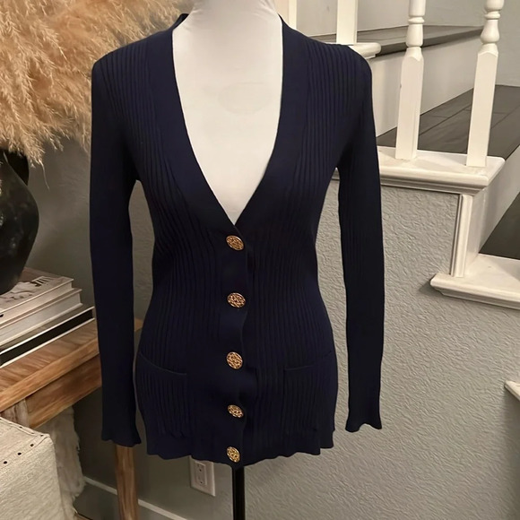 Soft Surroundings Cardigan Sweater Navy Blue Ribbed Gold Buttons Size Small - Picture 1 of 6